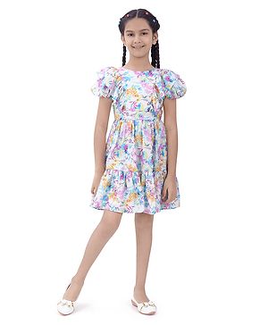 Tiny Girl Woven Half Puffed Sleeves Floral Printed Dress - Pink