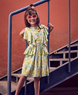Tiny Girl Woven Sleeveless Floral Printed Dress - Liril Green