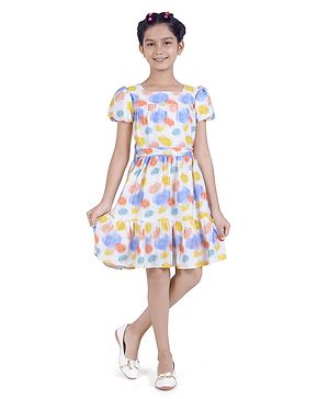 Tiny Girl Woven Half Puffed Sleeves Abstract Printed Dress - Off White