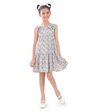 Tiny Girl Woven Sleeveless Geometric Printed Bow Applique Detailed Dress - Blue
