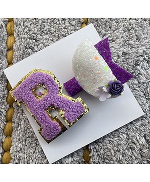 FOLLOW THE NEEDLE Bow Applique Detailed Alphabet R & Sequins Designed Hair Clip -Purple