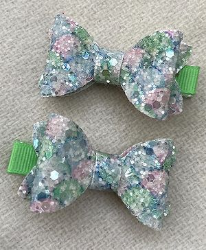 FOLLOW THE NEEDLE Set Of 2 Bow Applique Detailed & Sequins Embellished Hair Clip - Green
