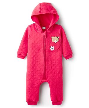 Babyhug Sweater Knit Full Sleeves Front Open Hooded Winter Wear Romper with Hearts Floral & Teddy Detailing - Red