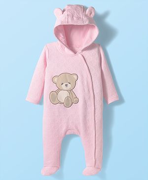 Babyhug Cotton Knit Full Sleeves Front Open Footed Hooded Winter Wear Quilted Onesie with Teddy Bear Print - Pink