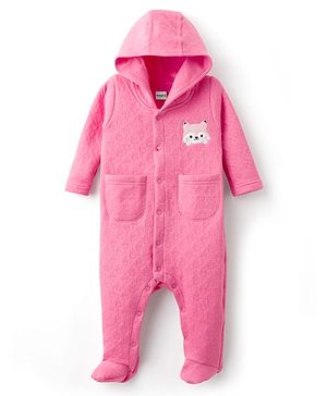 Babyhug Cotton Knit Full Sleeves Footed & Hooded Quilted Romper With Animal Embroidery - Pink