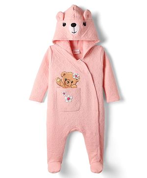 Babyhug Cotton Knit Full Sleeves Hooded Footed Winter Wear Quilted Romper with Bear Print & Ear Applique - Pink