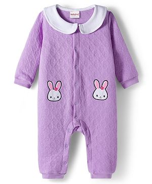 Babyhug Cotton Knit Full Sleeves Front Open Winter Wear Quilted Romper with Heart & Bunny Detailing - Lavender