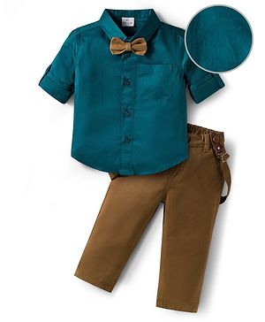 Mark & Mia Woven Full Sleeves Party Wear Solid Shirt & Trouser Set with Suspender & Bow - Teal Blue & Tan
