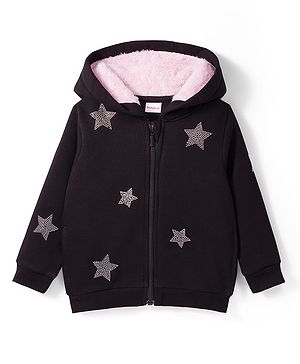 Babyhug Fleece Knit Full Sleeves Hooded Sweatjacket With Rhinestone Detailing - Black