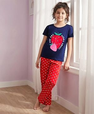 Pine Kids Single Jersey Knit Half Sleeves Night Suit With Polka Dot Print - Navy Blue & Red