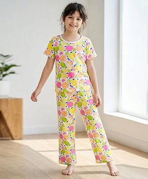 Pine Kids Cotton Knit Half Sleeves Co-ords Night Suit With Tropical Theme Print - Multicolour