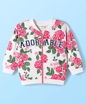 Babyhug Fleece Knit Full Sleeves Premium Heavy Gauge Warm Fleece Fabric Sweatjacket With Floral Print & Text Embroidery - White