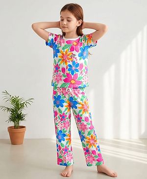 Pine Kids Single Jersey Knit Half Sleeves Co-ords Night Suit with Floral Print - White