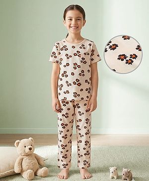 Pine Kids Cotton Knit Half Sleeves Co-ords Night Suit With Floral Print - Cream