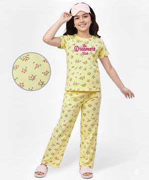 Pine Kids Cotton Knit Half Sleeves Co-ords Night Suit With Floral Print - Yellow