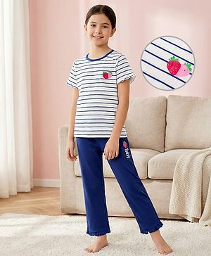 Pine Kids Cotton Knit Half Sleeves Night Suit with Stripes & Fruits Print - White & Blue
