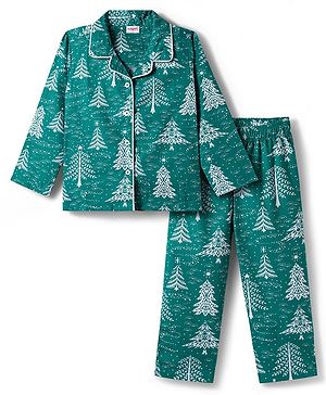 Babyhug Cotton Woven Full Sleeves Co-ords Night Suit With Tropical Theme Print - Dark Green