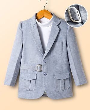 Mark & Mia Knit Full Sleeves Solid Blazer With Turtle Neck Inner Tee & Pocket Detailing - Light Blue & White