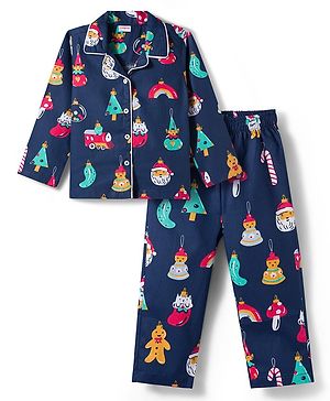 Babyhug Cotton Woven Full Sleeves Co-ords Night Suit With Santa Print - Navy Blue
