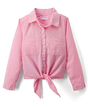 Kookie Kids Woven Crushed Cotton Full Sleeves Collared Shirt Top with Knot - Pink