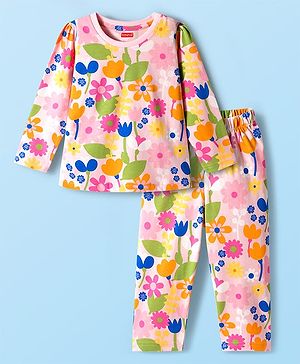 Babyhug Cotton Knit Full Sleeves Co-ords Night Suit With Floral Print - Pink