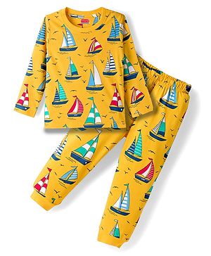 Babyhug Cotton Knit Full Sleeves Co-ords Night Suit With Nautical Theme Print - Yellow