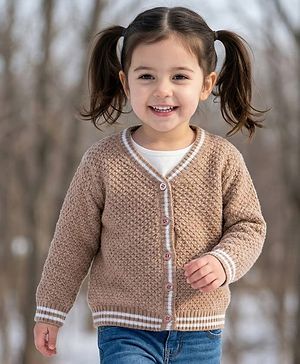 Babyhug Knit Full Sleeves  Front Open Sweater with Stripe Detailing - Brown