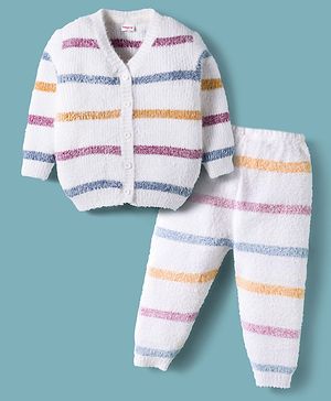 Babyhug Knit Full Sleeves Front Open Sweater & Pant Set with Stripe Design - White