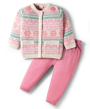 Babyhug Knit Full Sleeves  Front Open Sweater Sets With Floral Print - White & Pink