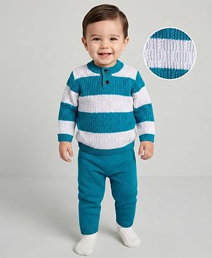 Babyhug Cotton Knit Full Sleeves Sweater Set With Stripes -Teal Blue & White