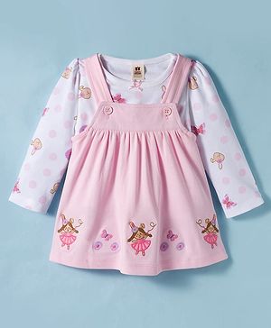 ToffyHouse Knitted Full Sleeves Embroidered Frock with Full Sleeves Printed Inner Tee - Pink