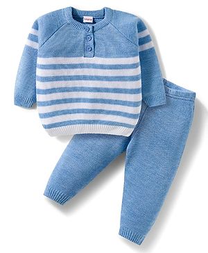 Babyhug Knitted Full Raglan Sleeves Striped Sweater Set - Light Blue