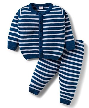 Babyhug Knit Full Sleeves Sweater Set With Stripes - Blue & White