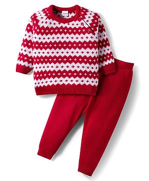 Babyhug Knitted Full Raglan Sleeves Design Sweater Set - Red & White