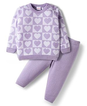 Babyhug Knit Full Sleeves Solid Color Pullover Sweater Set with Heart Design - Lavender