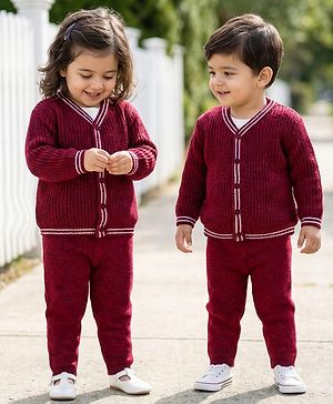 Babyhug Knitted Full Sleeves Solid Sweater Set - Maroon