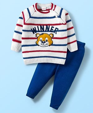 Babyhug Knitted Full Raglan Sleeves Striped Sweater Set With Animal Embroidery - White & Blue