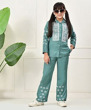 Bella Moda Cotton Woven Full Sleeves Abstract Embroidered Coordinating Shirt Style Top & Pant Set - Green