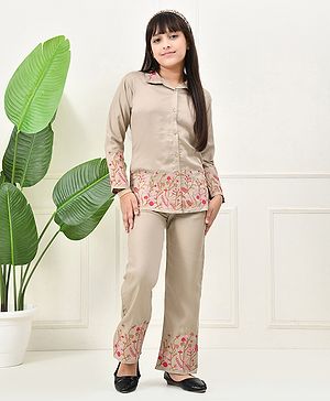 Bella Moda Cotton Woven Full Sleeves Floral Embroidered Coordinating Shirt Style Top & Pant Set - Beige