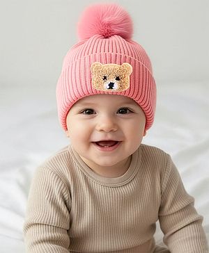 Babyhug Knit Woollen Cap With Teddy Bear Patch Pink - Diameter 9 cm