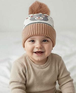 Babyhug Knit Woollen Cap With Teddy Bear Design Brown - Diameter 9 cm