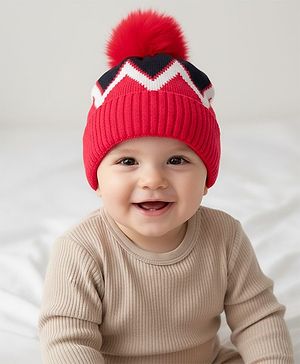 Babyhug Knit Woollen Cap Black & Red - Diameter 9 cm