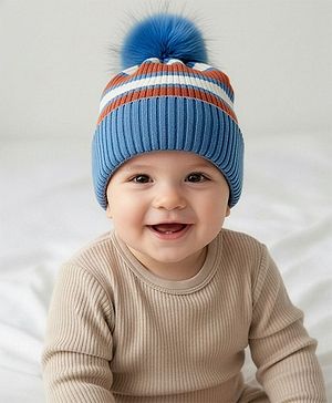 Babyhug Knit Striped Woollen Cap Blue & Brown - Diameter 9 cm
