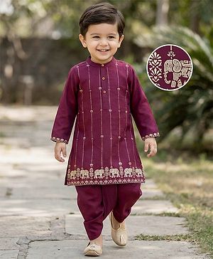 Babyhug Cotton Blend Full Sleeves Kurta Dhoti Set with Foil Floral & Elephant Print - Maroon