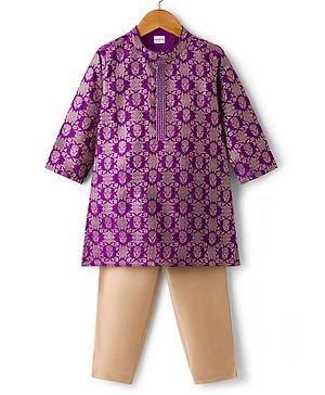 Babyhug Brocade Full Sleeves Kurta Pajama Set with Floral Embroidery - Purple