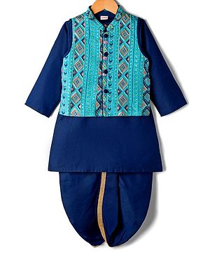 Babyhug Rayon Woven Full Sleeves Kurta Dhoti & Floral Printed Jacket Set - Blue