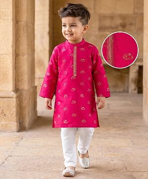 Babyhug Chanderi Woven Full Sleeves Kurta Pajama Set With Animal Embroidery & Sequin Detailing - Fuschia