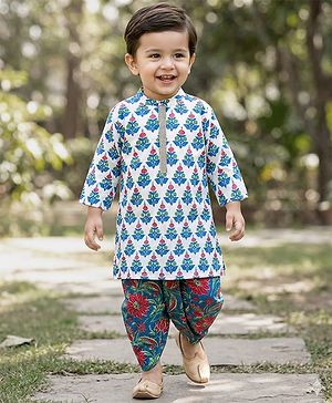 Babyhug Cambric Full Sleeves Floral Printed Kurta Dhoti Set - White