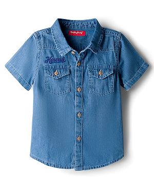 Babyhug Cotton Woven Half Sleeves Denim Washed Shirt With Text Embriodery - Blue