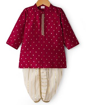 Babyhug Cotton Blend Full Sleeves Foil Printed Kurta Dhoti Set with Lace Detailing - Red